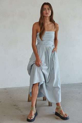 The Coastal Striped Strapless Maxi
