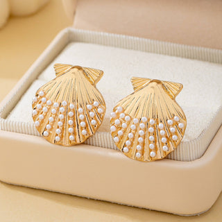 Scalloped Shell Pearl Stud Earrings
