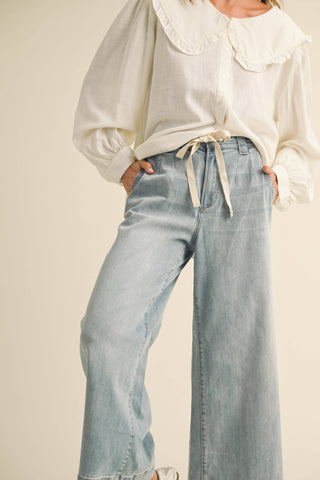 Washed Denim Drawstring Pants