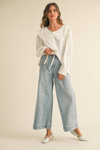Washed Denim Drawstring Pants