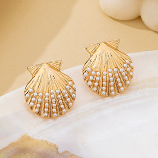 Scalloped Shell Pearl Stud Earrings