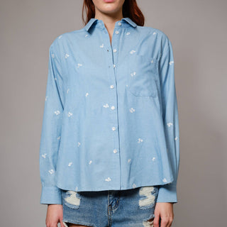 Flower Embroidered Button Down Shirt