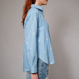 Flower Embroidered Button Down Shirt