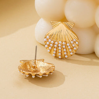 Scalloped Shell Pearl Stud Earrings