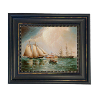 New York Harbor Vintage Canvas Framed Painting Print